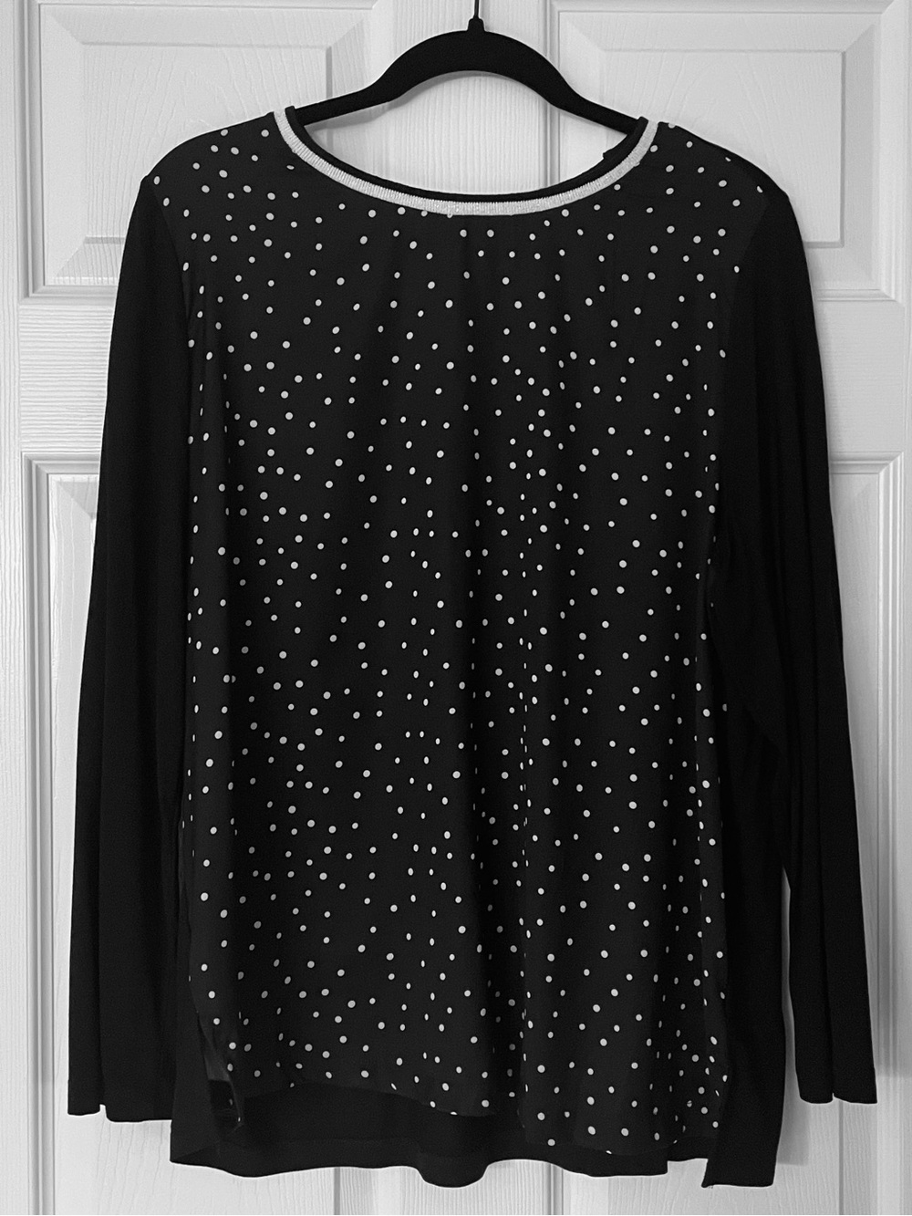 LC Waikiki Black White Polka Dot Top Silver Knit Neckline Long Sleeve